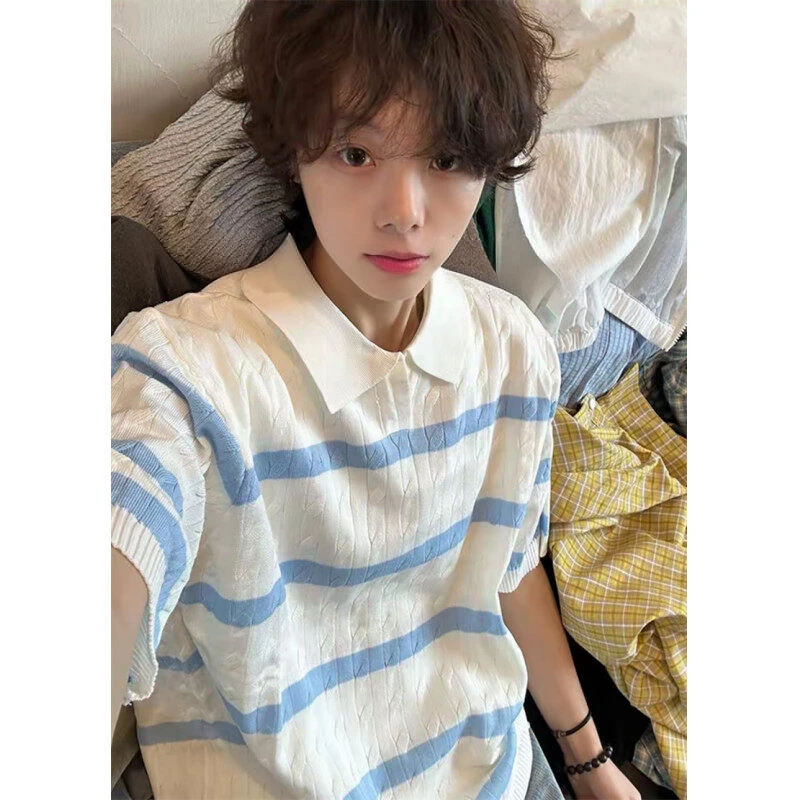 撞色条纹针织短袖Polo衫男款夏季美式高级感正肩T恤cleanfit半袖