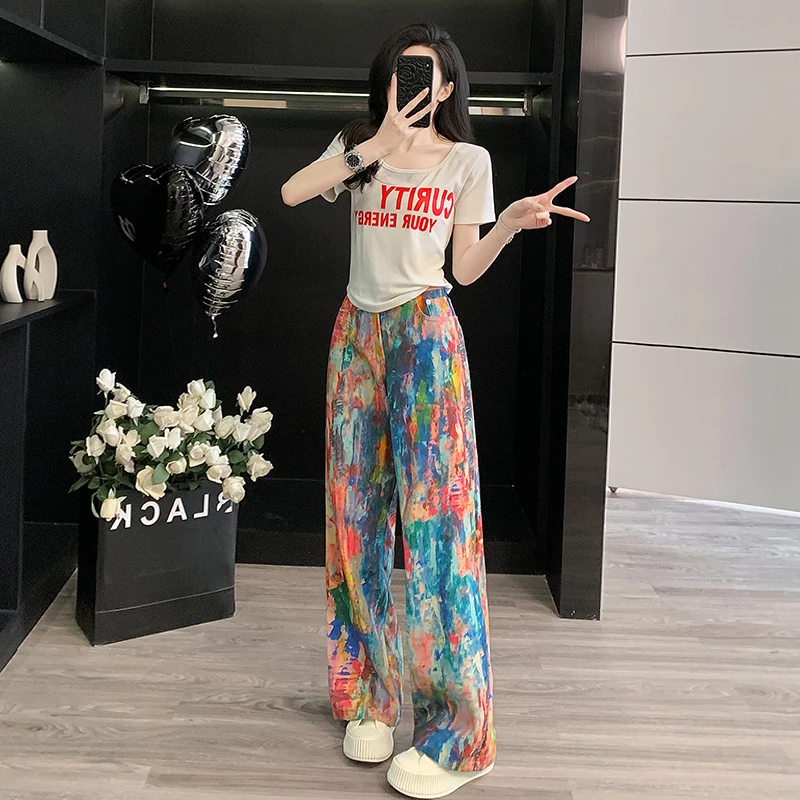 夏季新款休闲两件套多巴胺短款短袖T恤上衣洋气牛仔裤时尚套装女