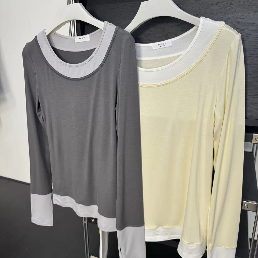 Sinbal Farm 秋季新款圆领拼接假两件长袖T女