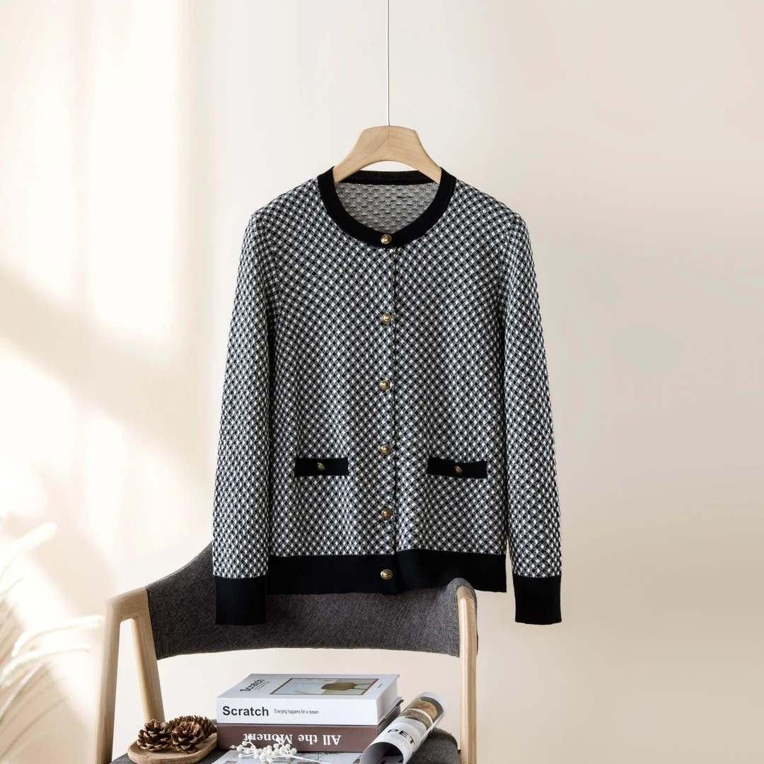 【复古千鸟格】100%精纺不起球 数兰朵圆领小香风针织开衫外套百搭