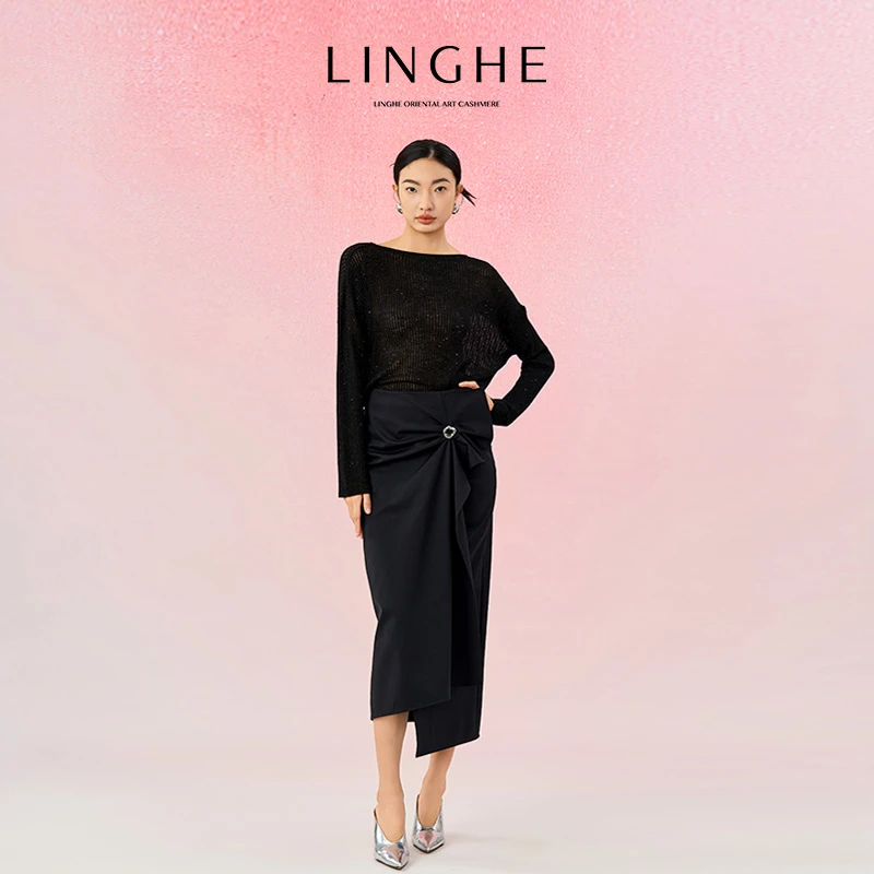 翎禾LINGHE-「星光杳杳」时尚镂空绵羊毛细闪微一字领套头衫上衣