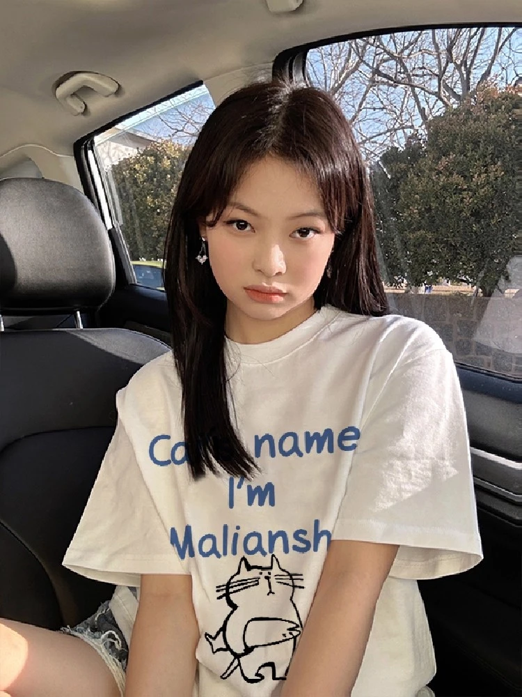 胖mm300斤欧货美式正肩短袖t恤女2025新款小众设计感潮牌卡通上衣