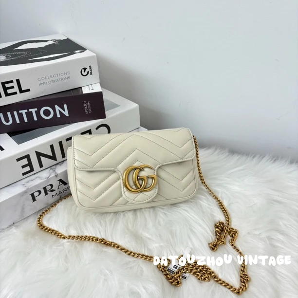 95新 GUCCI/古驰 白金mini马蒙链条斜挎包