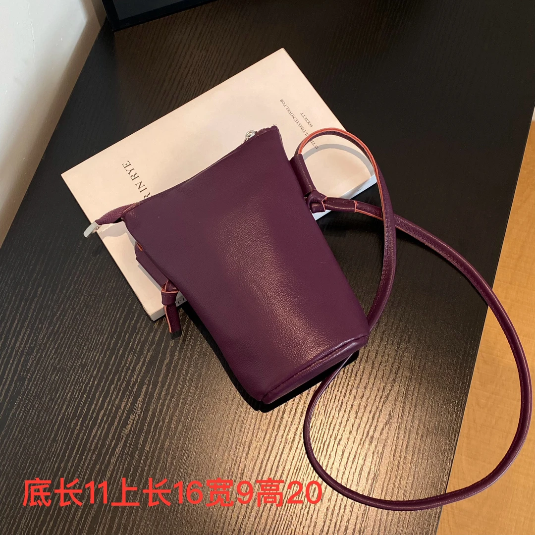 【头层牛皮】真皮女包单肩斜挎包水桶紫色