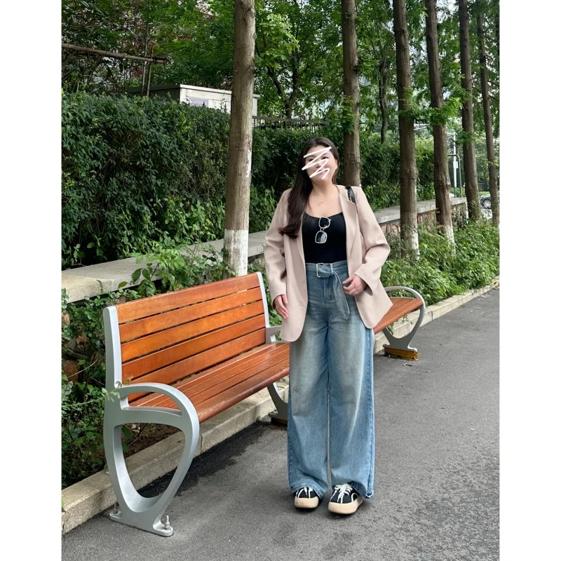 【安安专属】大码设计春新款百搭高腰显瘦阔腿拖地直筒牛仔裤女591