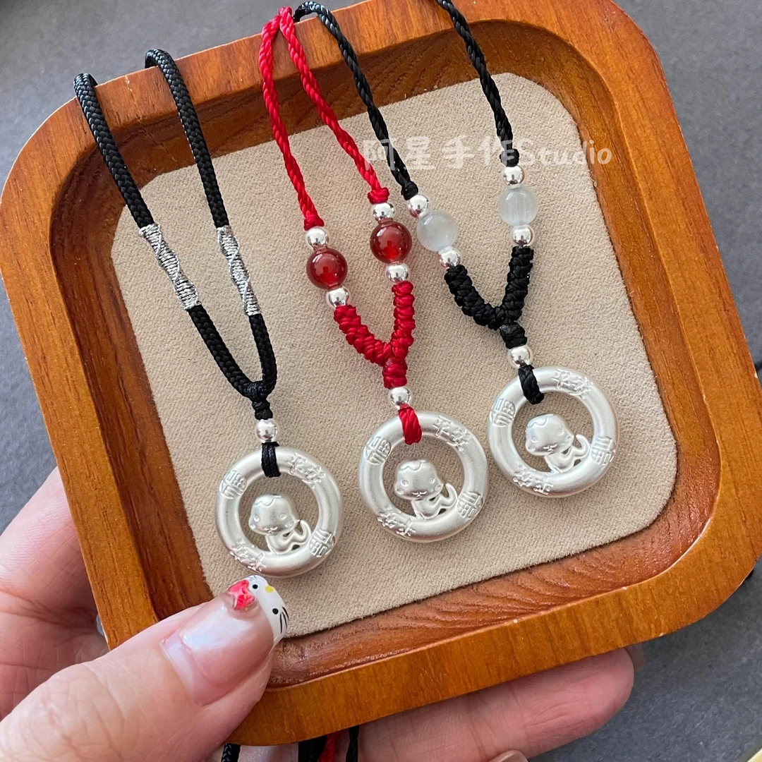 坠链均足银仿水晶 足银999蛇年生肖纯银项链百搭编织简约时尚