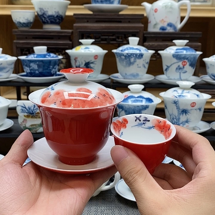 手绘龙船花➕两个杯子 盖碗釉下彩高温瓷微瑕福利款