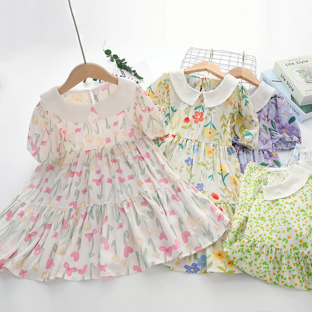 夏季新款儿童小碎花连衣裙女童薄款绵绸裙子女孩户外人造绵长裙