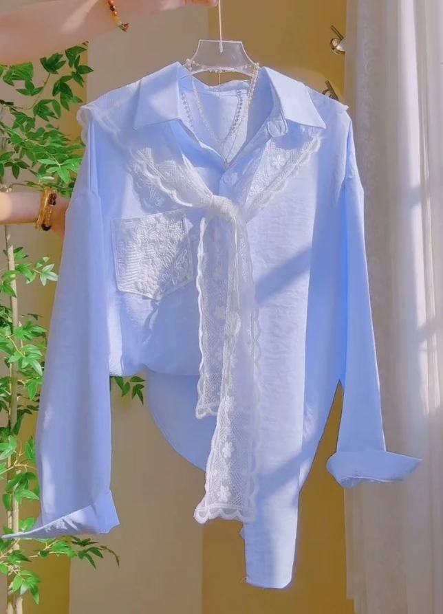 G 十三行春季韩版闺房风纯色简约设计感蕾丝披肩长袖衬衫衬衣时尚