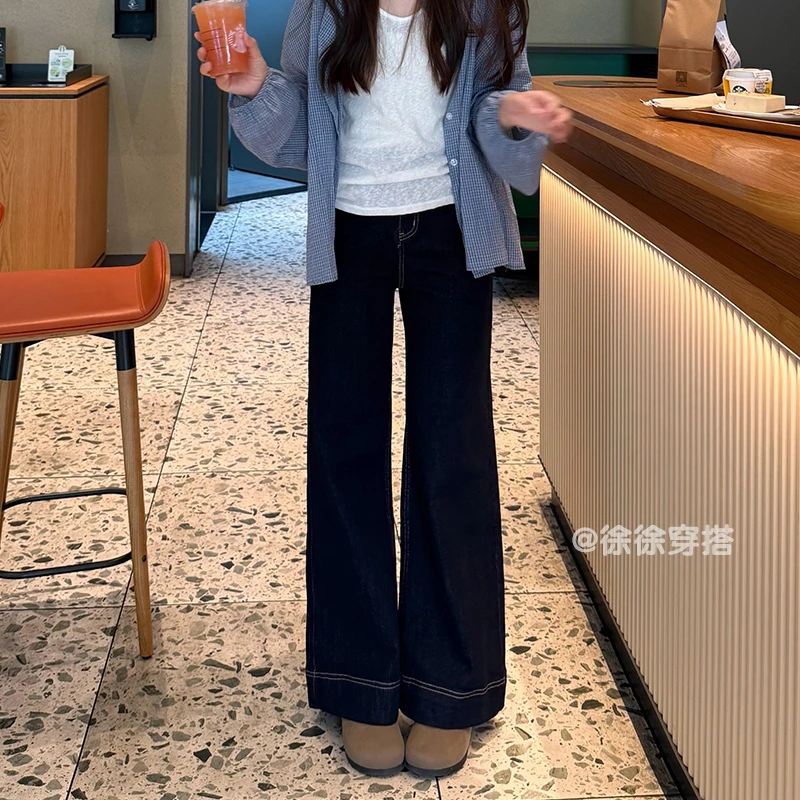 丹宁蓝不贴腿微喇牛仔裤女2025秋季新款小众防褪色高腰显瘦拖地裤