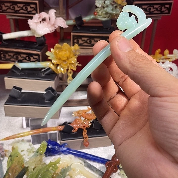 岫玉玉雕发簪未镶嵌啦*丫