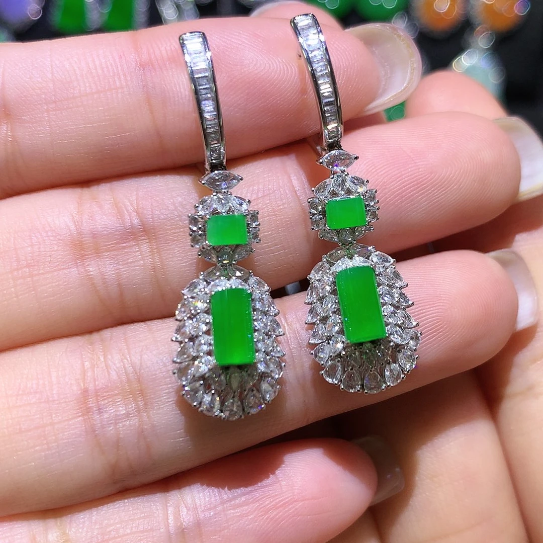 翡翠18K金镶嵌耳饰高冰满绿