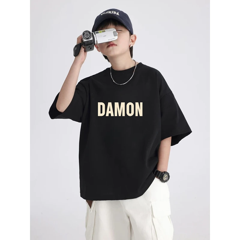 夏季纯棉T恤打底衫2025新款男女童卡通大字母印花儿童短袖潮T