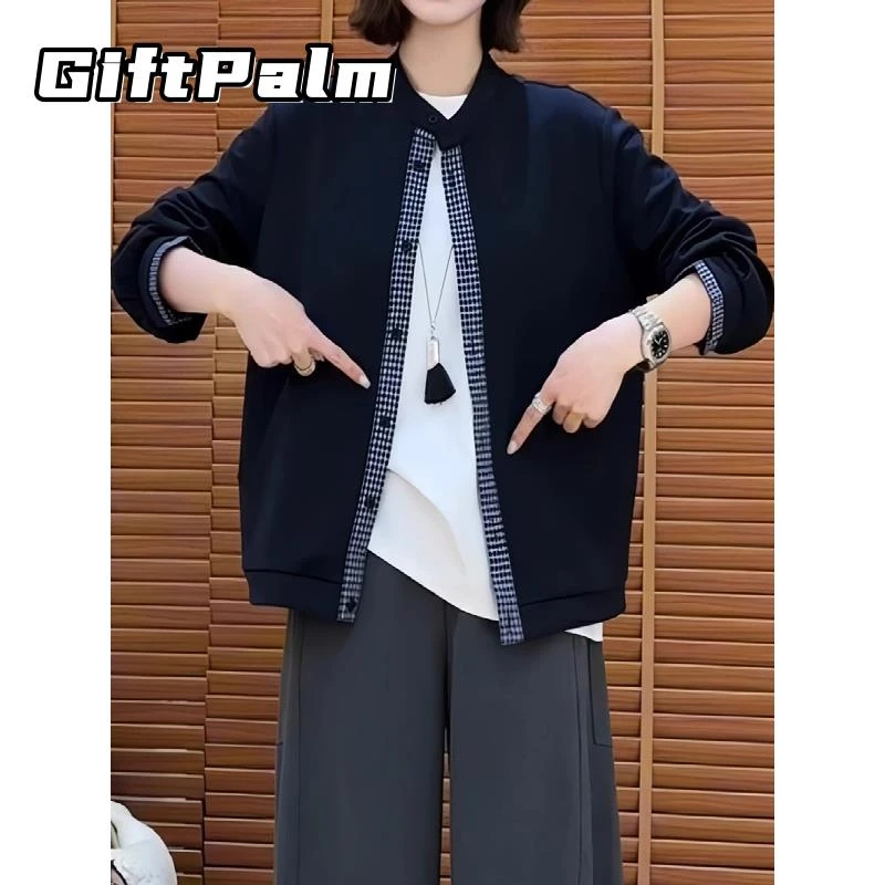 GiftPalm时尚拼接小开衫女士外套秋季大码胖MM宽松显瘦设计感长袖