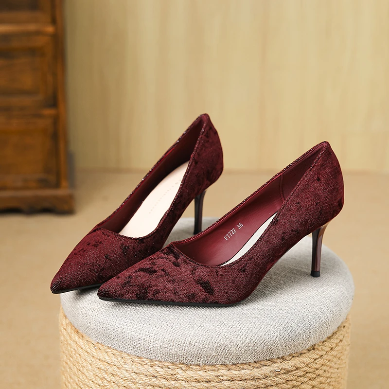 鞋漫727丝绒雅致~细跟尖头细跟高级感宴会高跟鞋订婚结婚女鞋