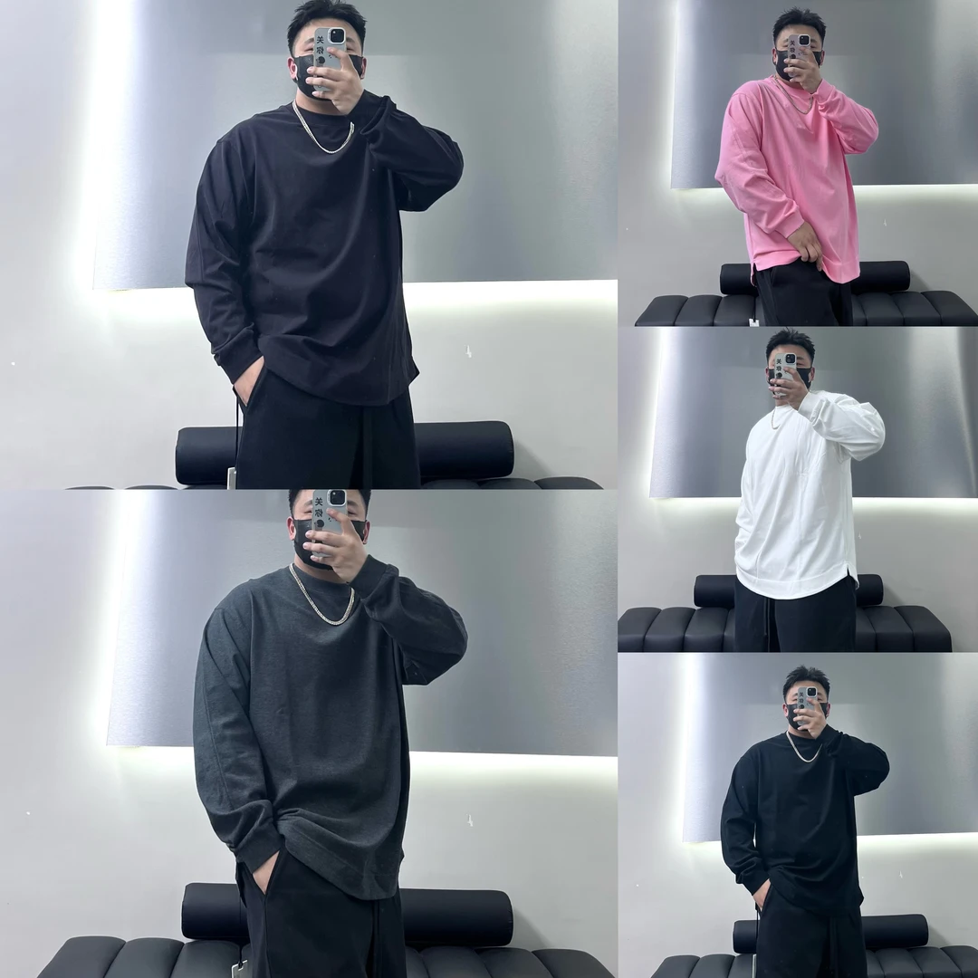 秋季圆领打底卫衣一百棉纯色圆领衫阔版宽松（圆弧下摆+开叉设计）