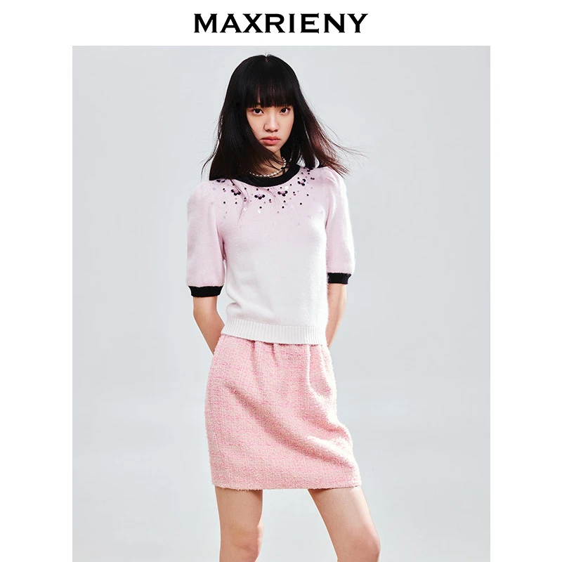 【商场同款-25春新品】MAXRIENY撞边甜美精致钉珠修身套头毛衫女
