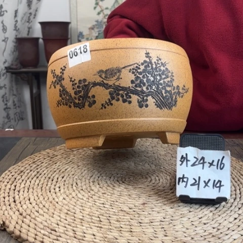 紫砂花盆柴烧超精品墨梅刻绘大鼓0618