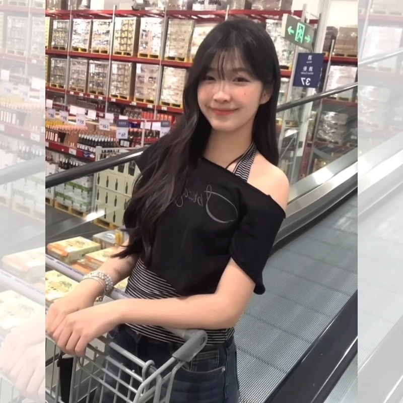 美式辣妹斜肩短袖t恤女夏季新款挂脖吊带背心慵懒风修身显瘦上衣