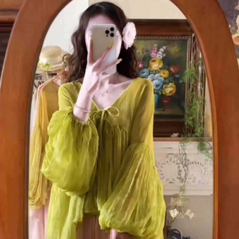 法式高级感海边度假多巴胺雪纺长袖上衣高腰百搭网纱半身裙套装女