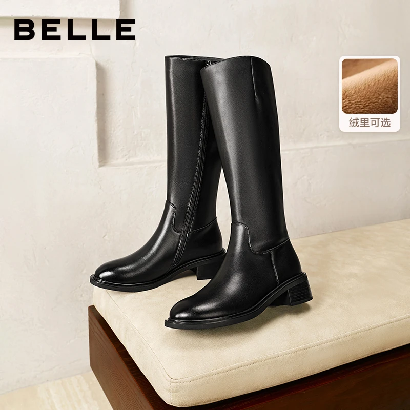 百丽厚底百搭骑士靴长筒靴女鞋2025冬季新款时尚显瘦加绒长靴黑色