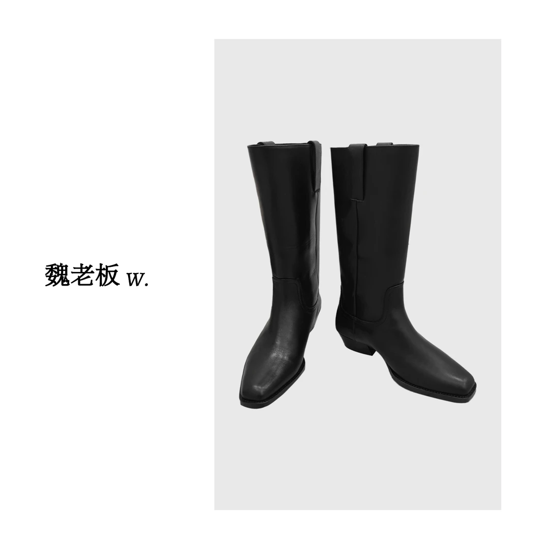 W.Diva【往事】春季百搭不过膝英伦风牛皮时尚黑色骑士靴4XDM80070