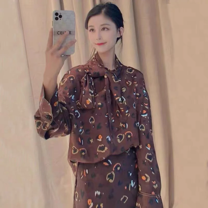 2025春秋新款复古豹纹印花飘带长袖衬衫➕半身裙套装5300776