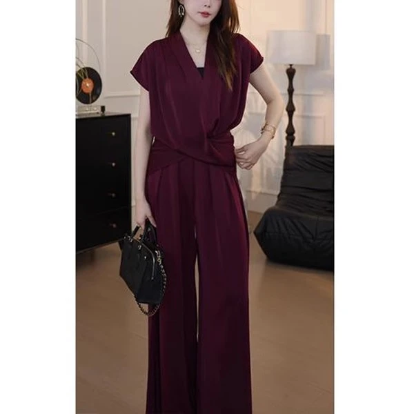 2025夏新款时尚通勤风休闲短袖上衣阔腿裤气质收腰显瘦两件套装女