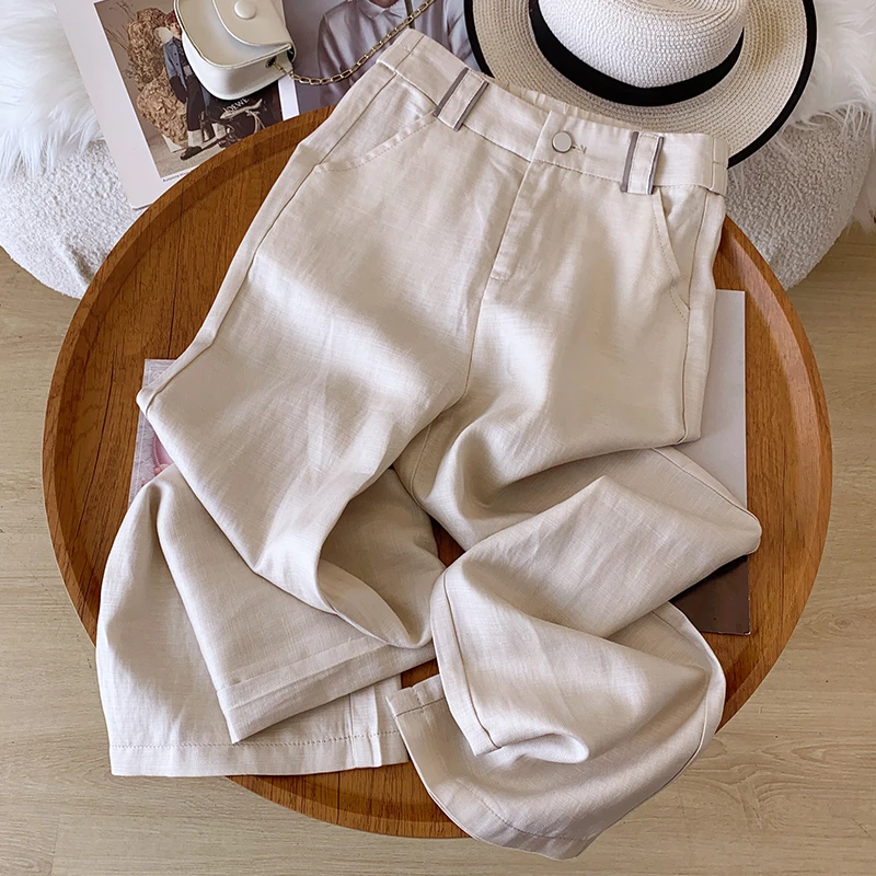 2025人字纹天丝亚麻休闲直筒裤女裤松紧中高腰裤窄版直筒裤显瘦夏