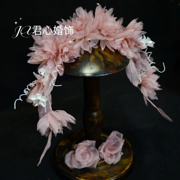 君心家 N368雾感紫粉色花纱发箍耳环三件套新娘森系外拍轻纱头饰