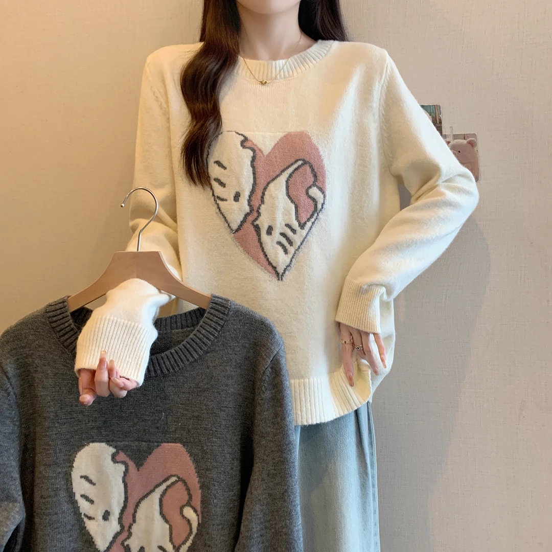 大码胖mm减龄猫咪提花保暖针织衫女秋冬新款甜美风百搭显瘦上衣