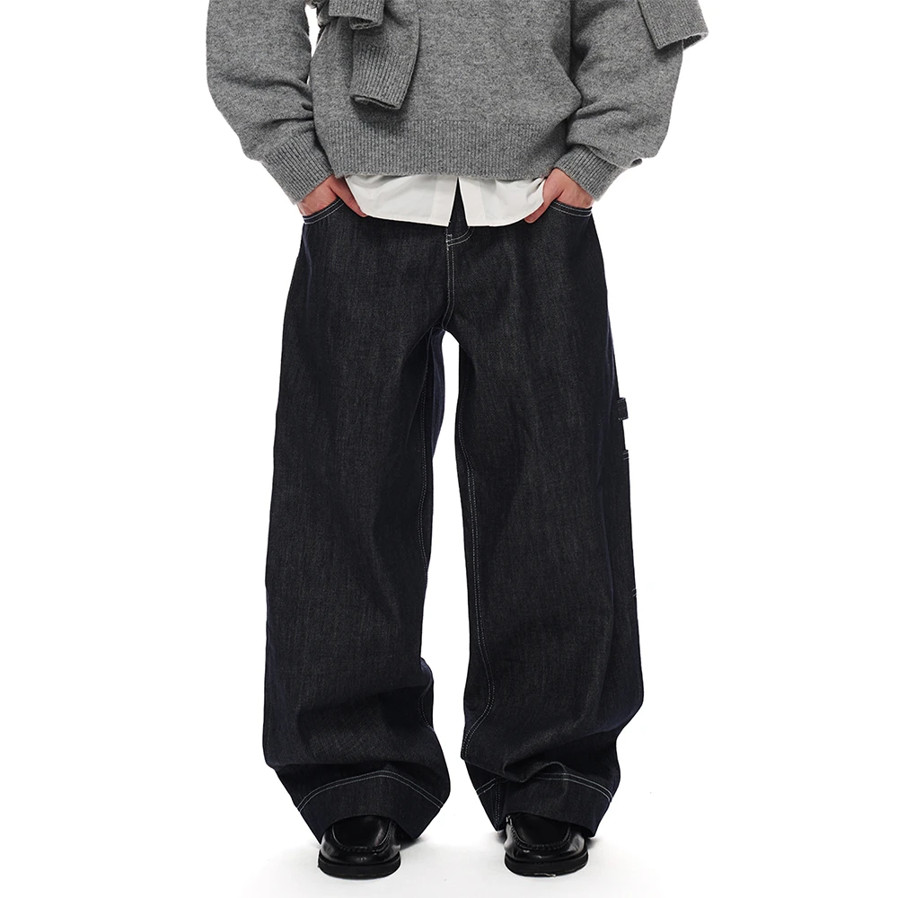 BELLKENIDEA 原牛撞色明线设计美式复古宽松直筒不掉色休闲牛仔裤