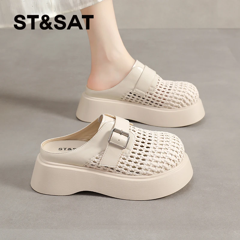 星期六黑色休闲包头拖女2025新款夏季编织透气皮带扣一脚蹬增高鞋