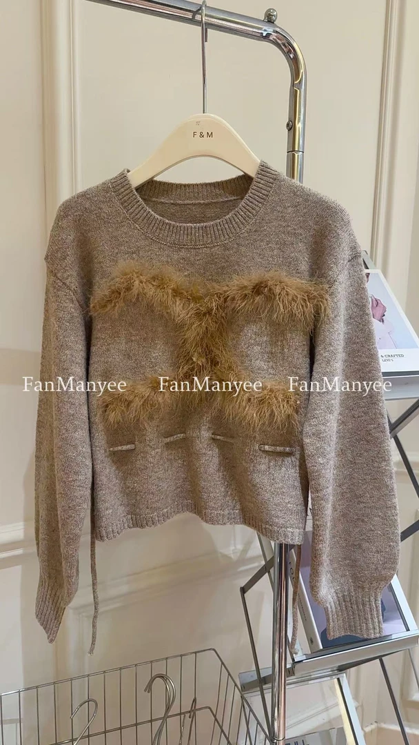 【时光交叠】冬季圆领小香风设计感拼接毛毛百搭套头长袖毛衣