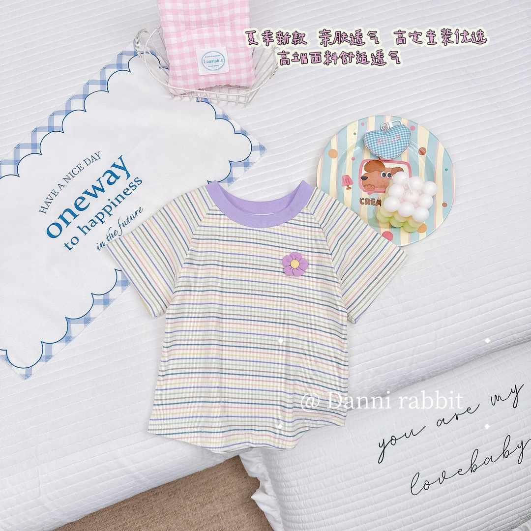 【Dannirabbit】简约百搭条纹小花女童T恤G-6044