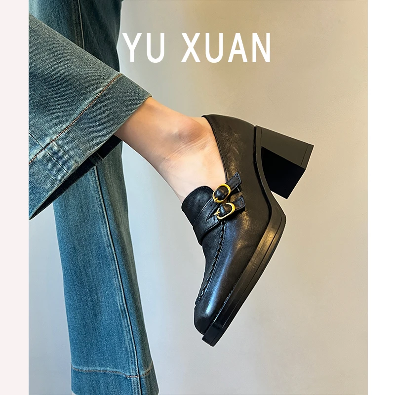 羊皮版~法式方头真皮粗跟乐福鞋女时尚一脚蹬小皮鞋黑色通勤单鞋