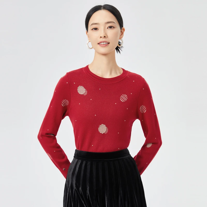 娜尔思绵羊毛长袖时尚百搭红黑气质圆领秋冬提花针织衫NZ03449A6