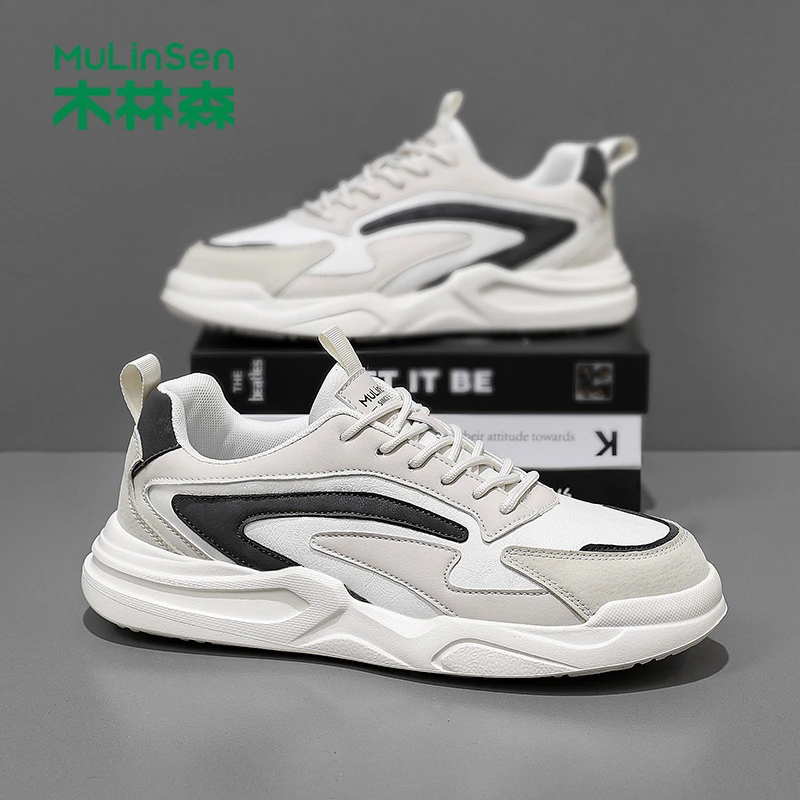 木林森男鞋2025年新款秋季皮面运动休闲小白鞋男轻便厚底男士板鞋
