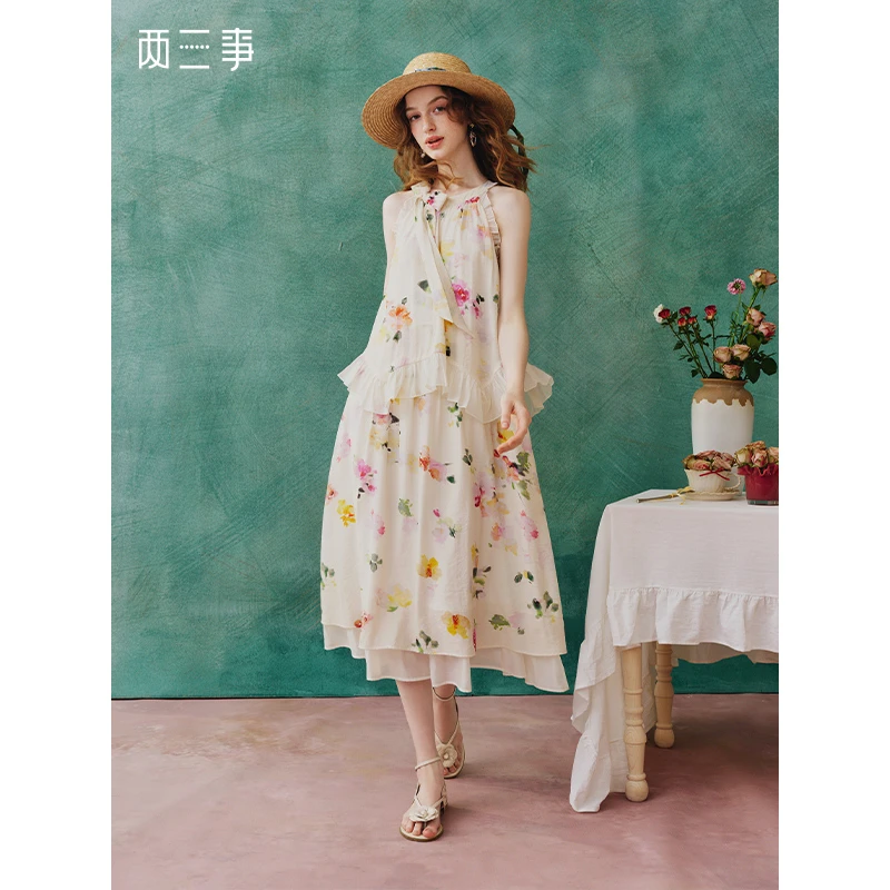 两三事夏苑舞会荷叶边拼接绑带领印花背心裙连衣裙S25XLY424