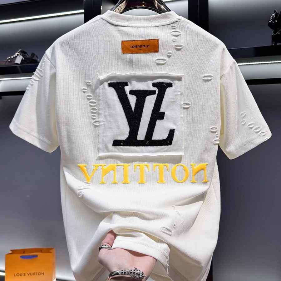 欧洲站男士高端破洞胶印凉感潮流修身时尚2025新款夏季圆领半袖