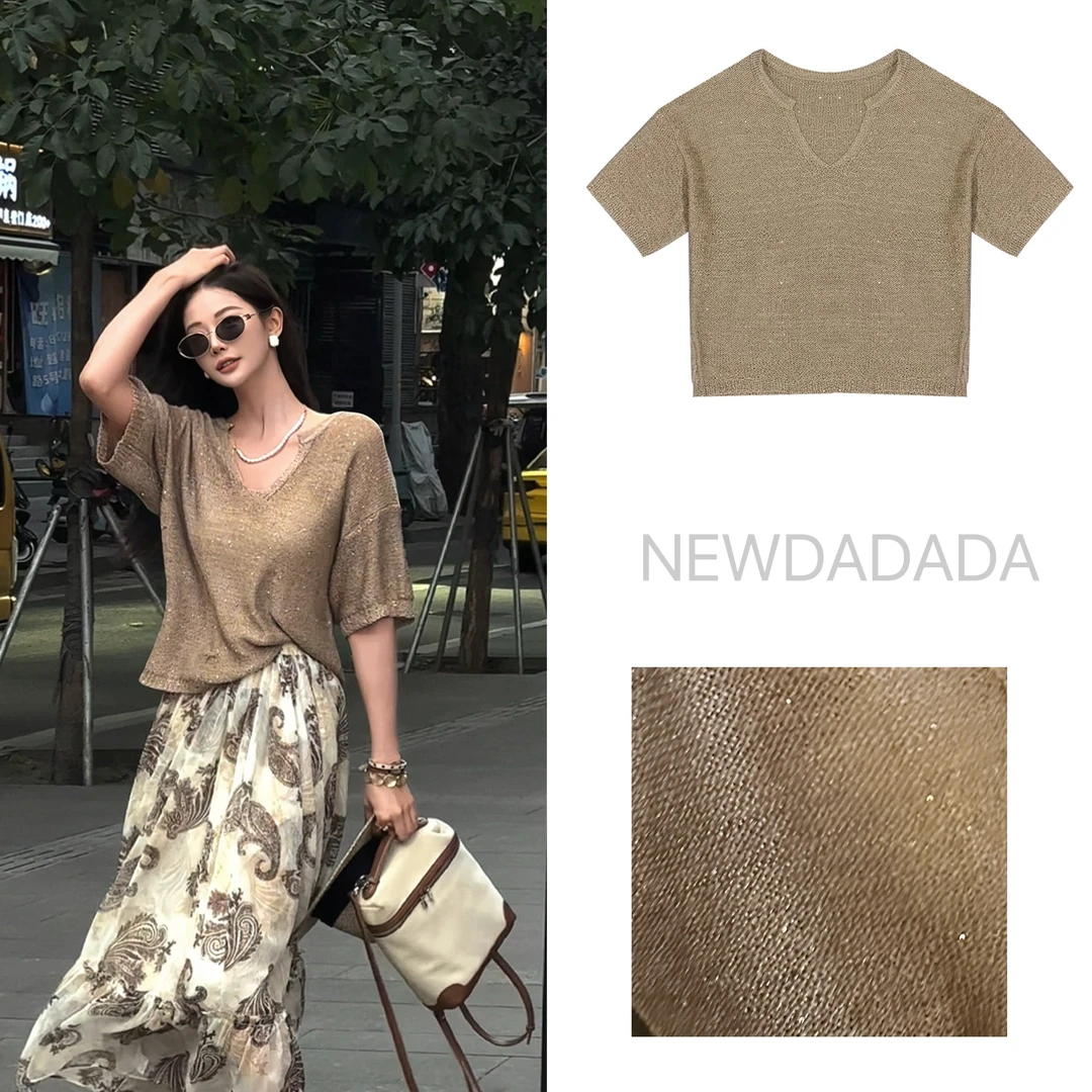 利达NEWDADA法式宽松亮丝针织衫短袖夏减龄休闲T恤别致上衣SZ1235