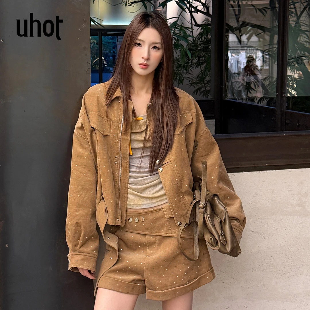 UHOT/诱货卡其烫钻女秋冬翻领外套工装腰部绑带25新款 UWWW3W757M