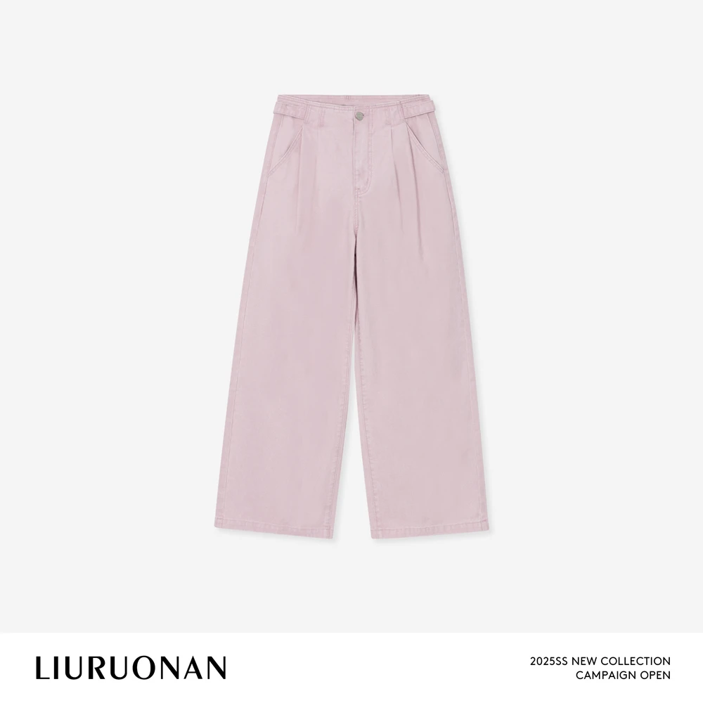 LIURUONAN 25SS【淡粉牛仔裤】100棉微褶水洗工艺春夏薄款阔腿裤女