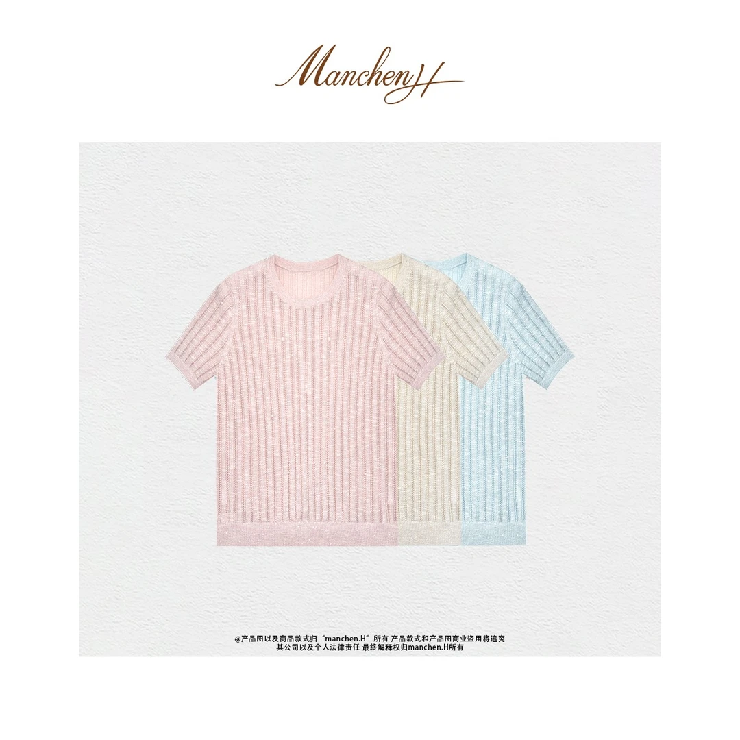 曼辰manchenh"织梦星空"意大利Fashion Mill纱线细麻金银丝短袖