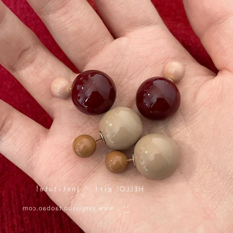 铜合金锆石耳饰 小众撞色双色球耳钉女高级感一款两戴耳环百搭气