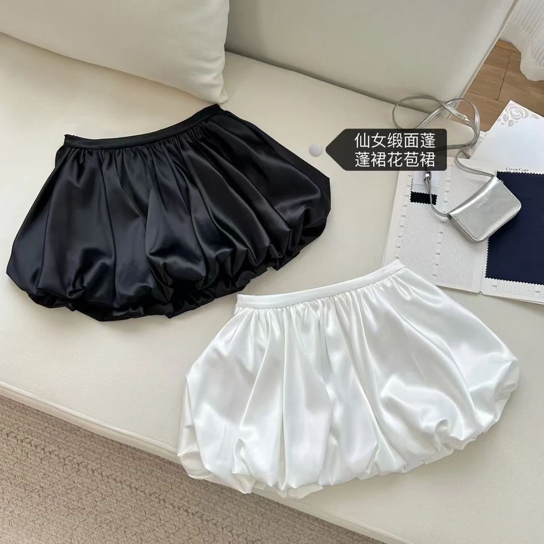 法式赫本风缎面半身裙高腰蓬蓬裙亮面纯色复古短裙花苞裙