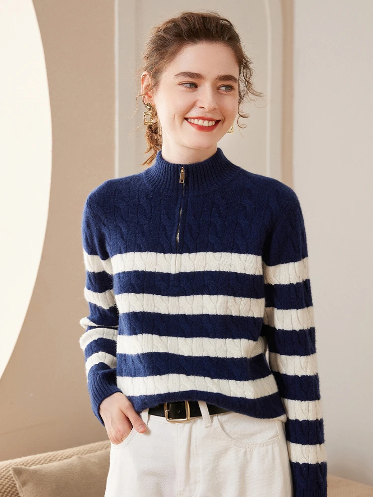 藏青色立领半拉链针织羊绒衫休闲百搭时尚毛衣保暖内搭打底羊毛衫