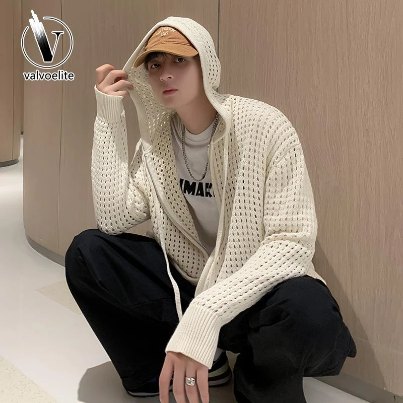 VALVOELITE镂空针织衫男设计感开衫毛衣宽松港风潮流个性连帽上衣