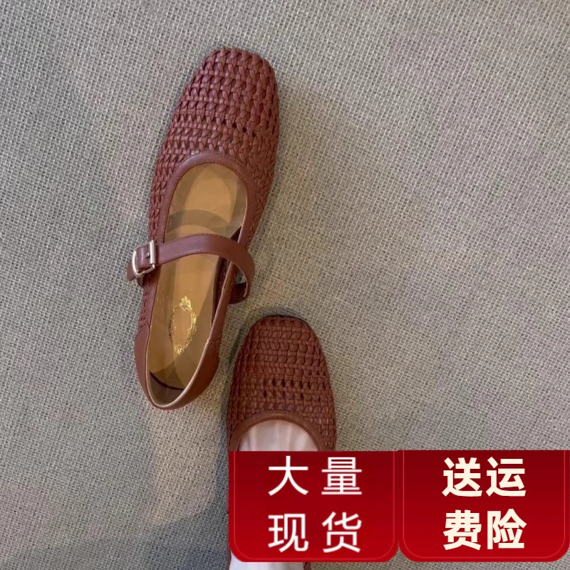 羊皮版~小众镂空复古编织一字带单鞋女2025夏季新款圆头平底女鞋