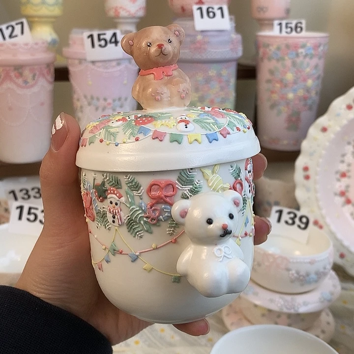 立体釉小熊带盖水杯